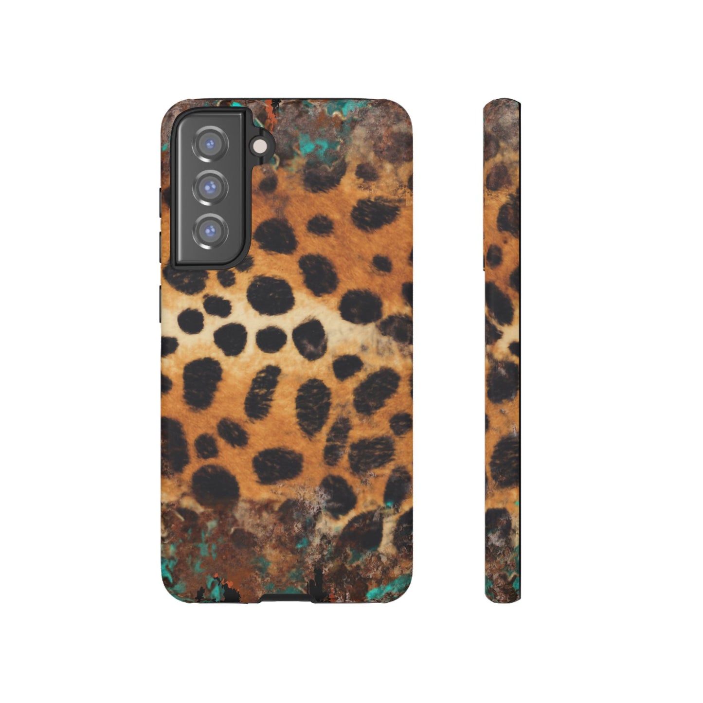 Rustic Leopard Print Tough Samsung Galaxy Case – Distressed Turquoise and Animal Pattern with Dual-Layer Protection