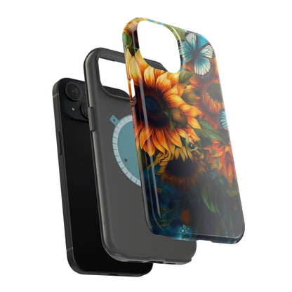 Aqua Blue Butterfly & Sunflower Art – MagSafe iPhone Case