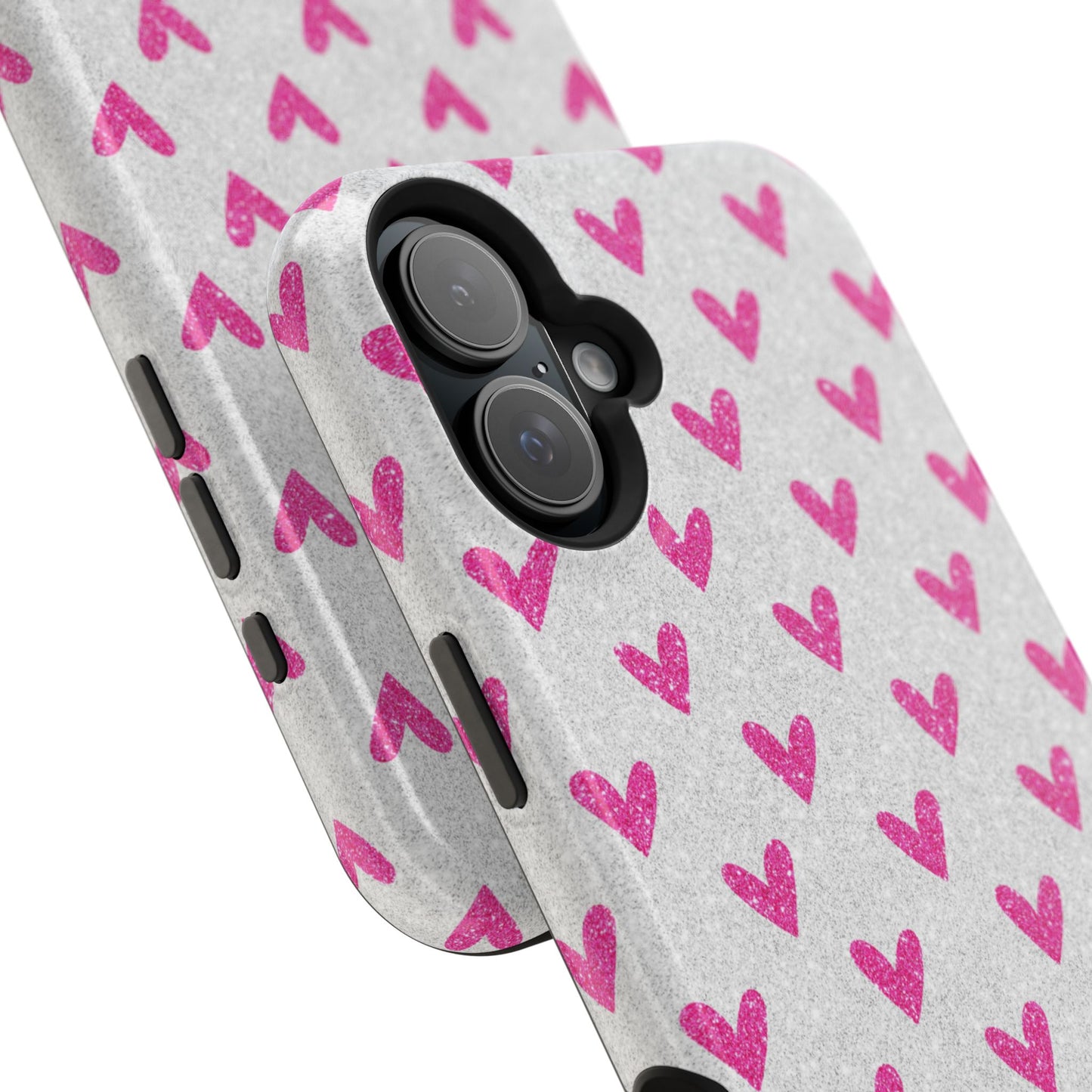 Pink Hearts on Glitter Silver – MagSafe iPhone Case