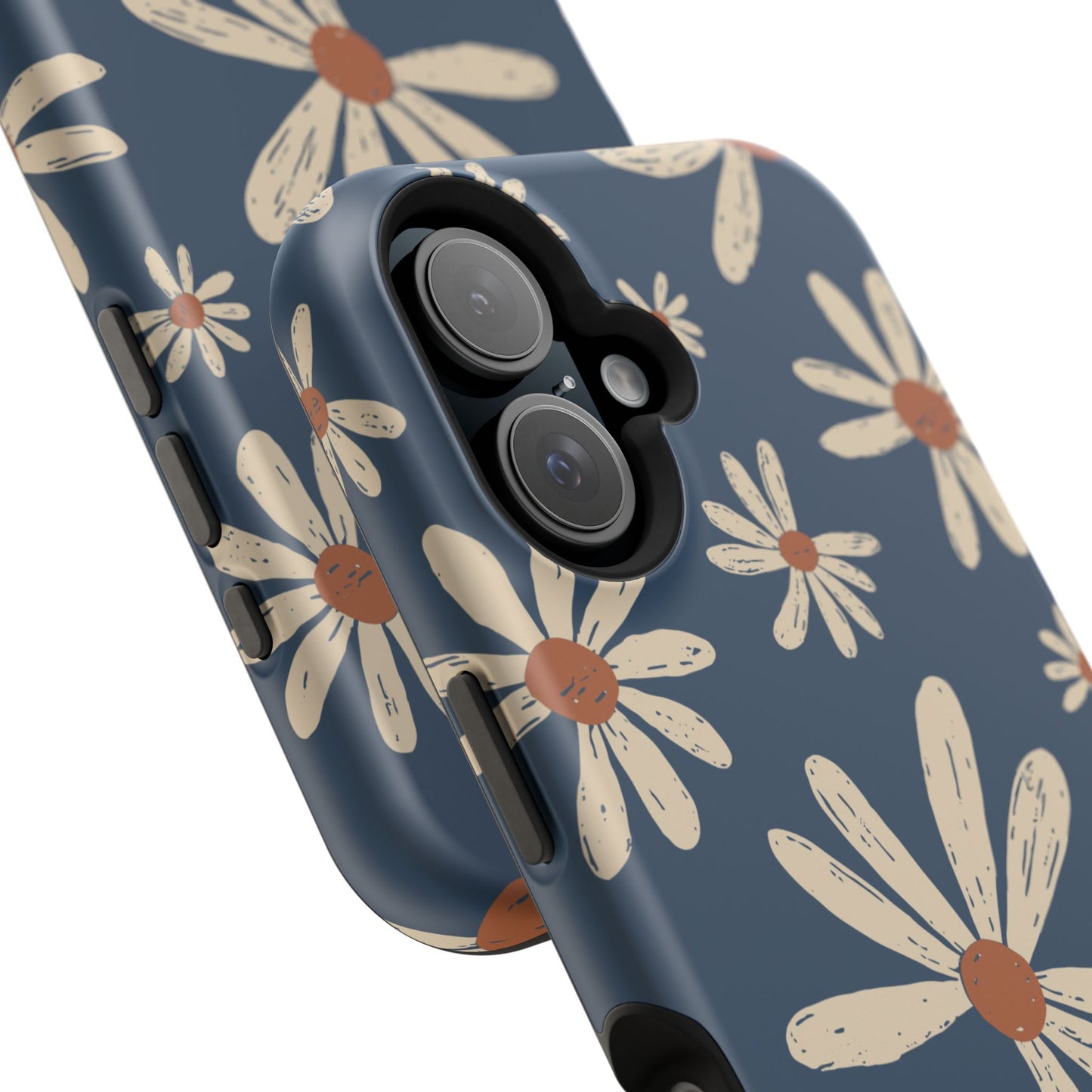 Vintage Daisies MagSafe iPhone Case – Navy Blue Floral Design, Scratch-Resistant with Shock-Absorbing Bumper