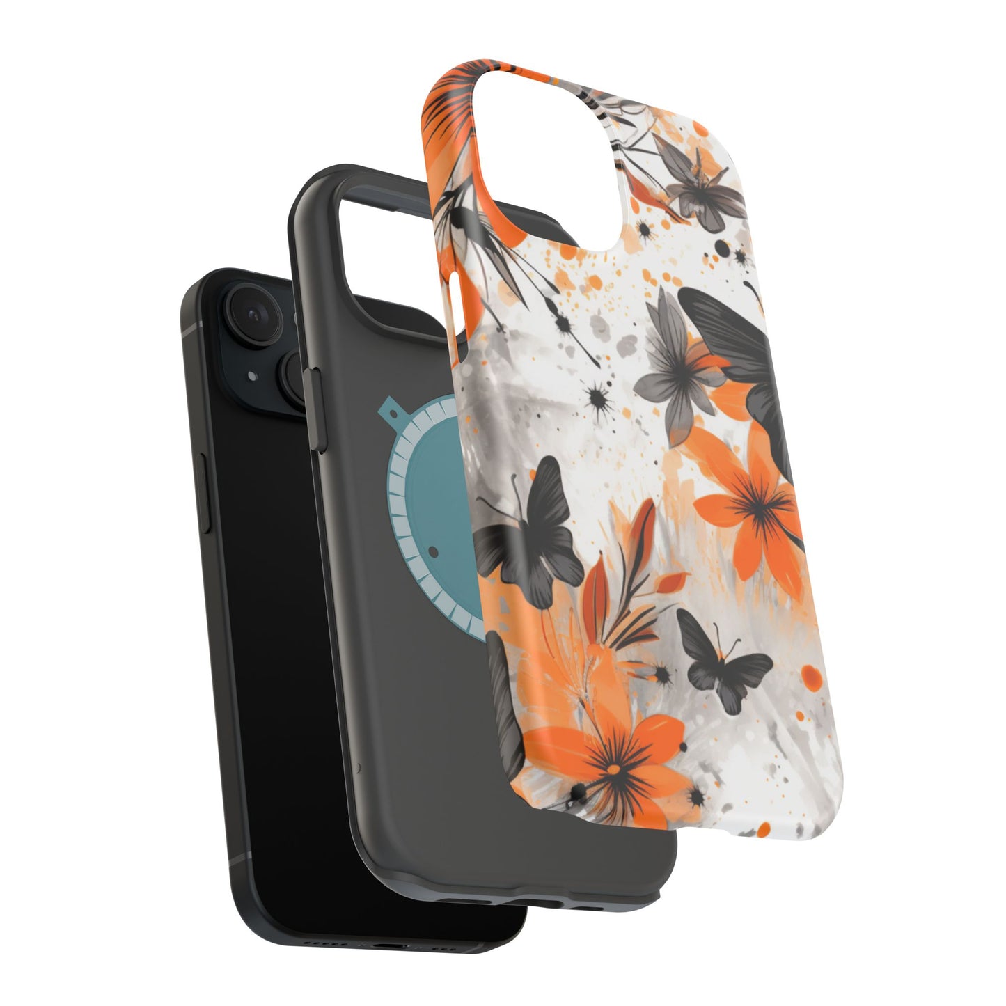 Orange Blossom & Black Butterfly MagSafe iPhone Case – Bold Floral Pattern with Modern Abstract Style