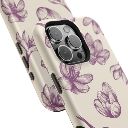 Vintage Botanical Floral Tough MagSafe iPhone Case – Hand-Drawn Purple Flowers, Shockproof Design