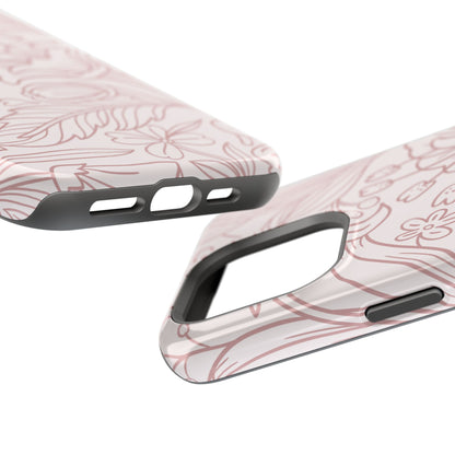 Blush Floral Line Art Tough MagSafe iPhone Case – Delicate Minimalist Design with Dual-Layer Protection