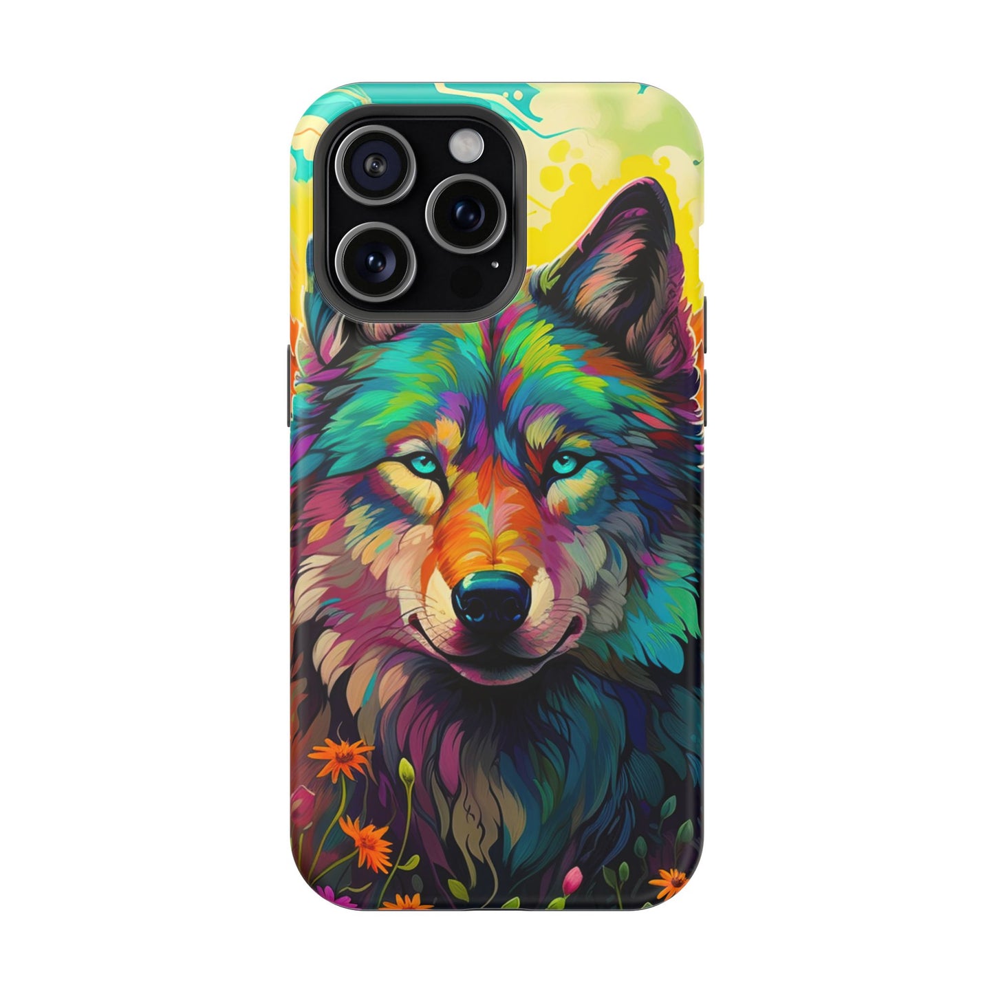 Rainbow Wolf in Bloom – MagSafe iPhone Case with Nature-Inspired Design