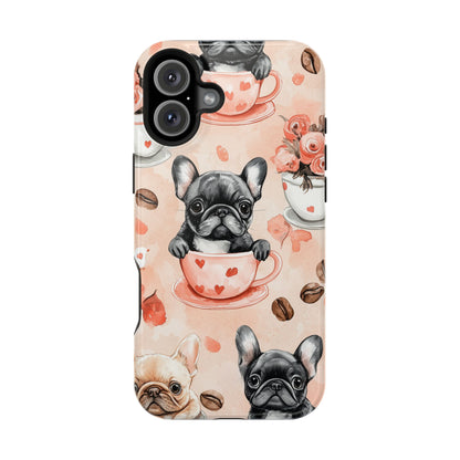 French Bulldogs in Heart Teacups MagSafe iPhone Case – Cute Dog & Floral Design, Shockproof Protection