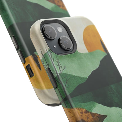 Retro Mountain Sunrise MagSafe iPhone Case – Minimalist Landscape Design, Dual-Layer Protection