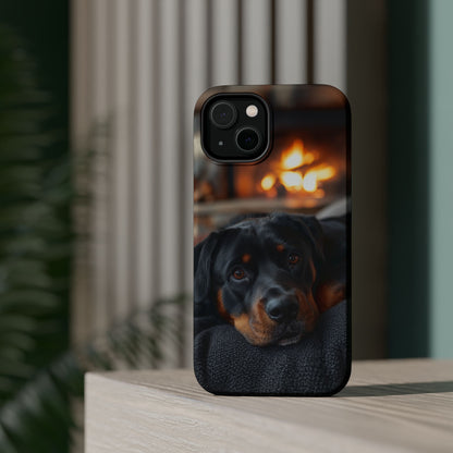 Charming Rottweiler by the Fireplace MagSafe iPhone Case – Cozy & Functional Design