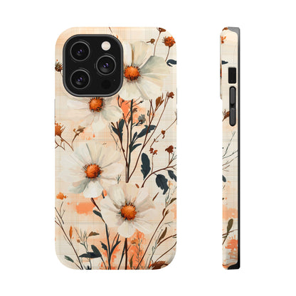 Pastel Orange Floral MagSafe iPhone Case - Elegant Plaid Protective Cover