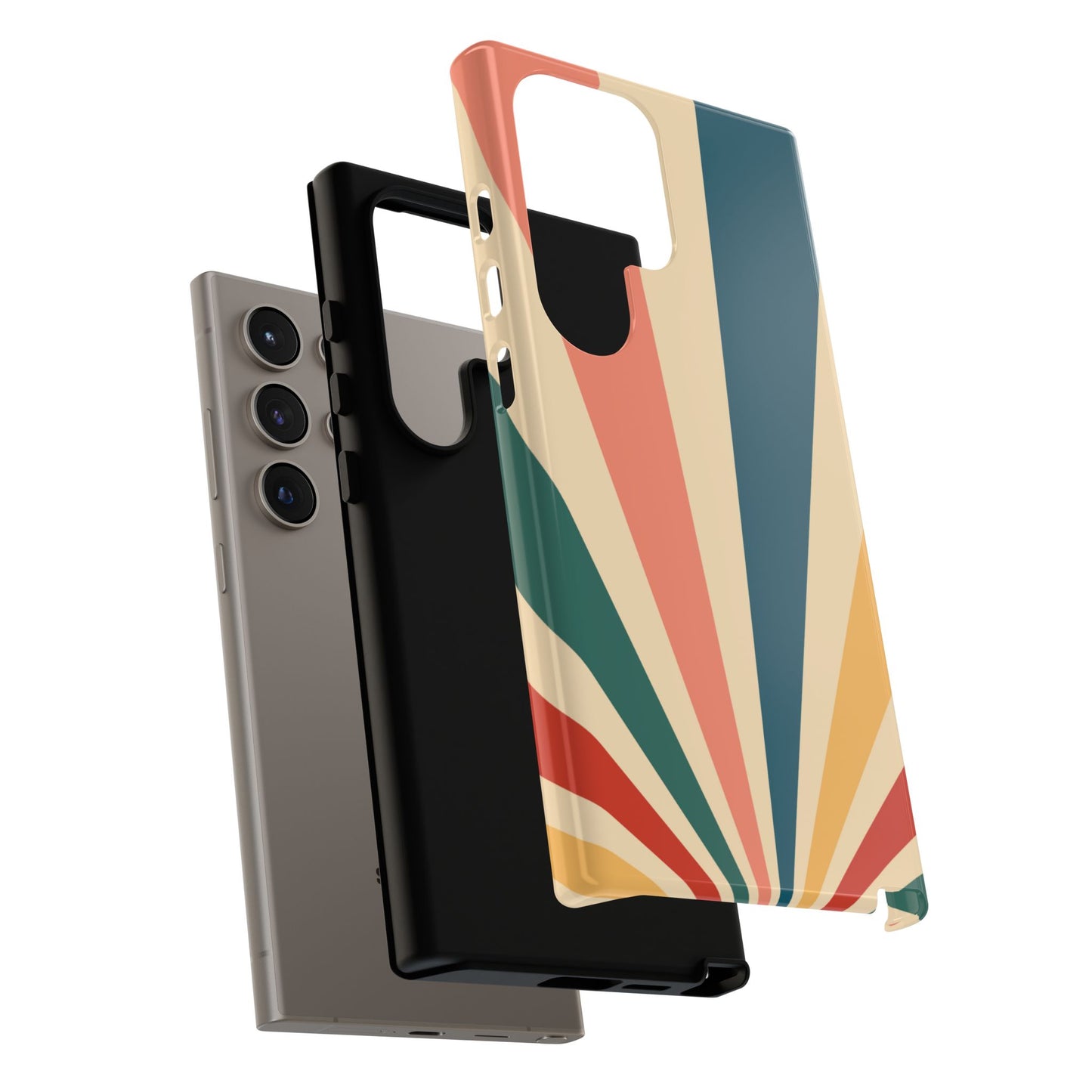 Retro Sunbeam Samsung Galaxy Case – 70s-Inspired Radiating Stripes in Coral, Teal, and Mustard