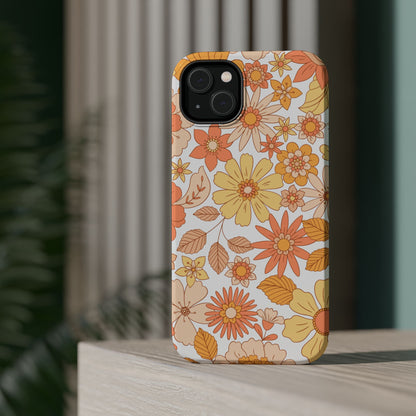 Vintage Floral Bloom MagSafe iPhone Case – Warm Orange & Yellow Retro Flower Design with Matte Finish