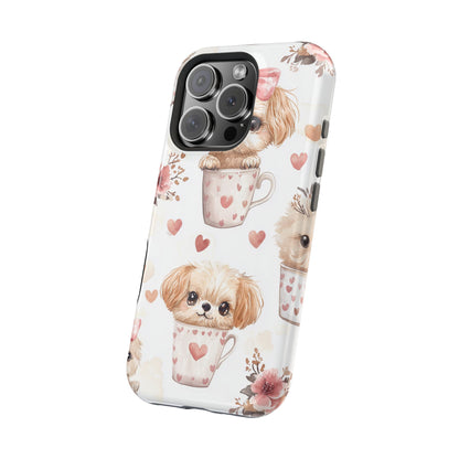 Cute Puppies in Heart MagSafe iPhone Case – Adorable Dog & Floral Design, Shockproof & Slim