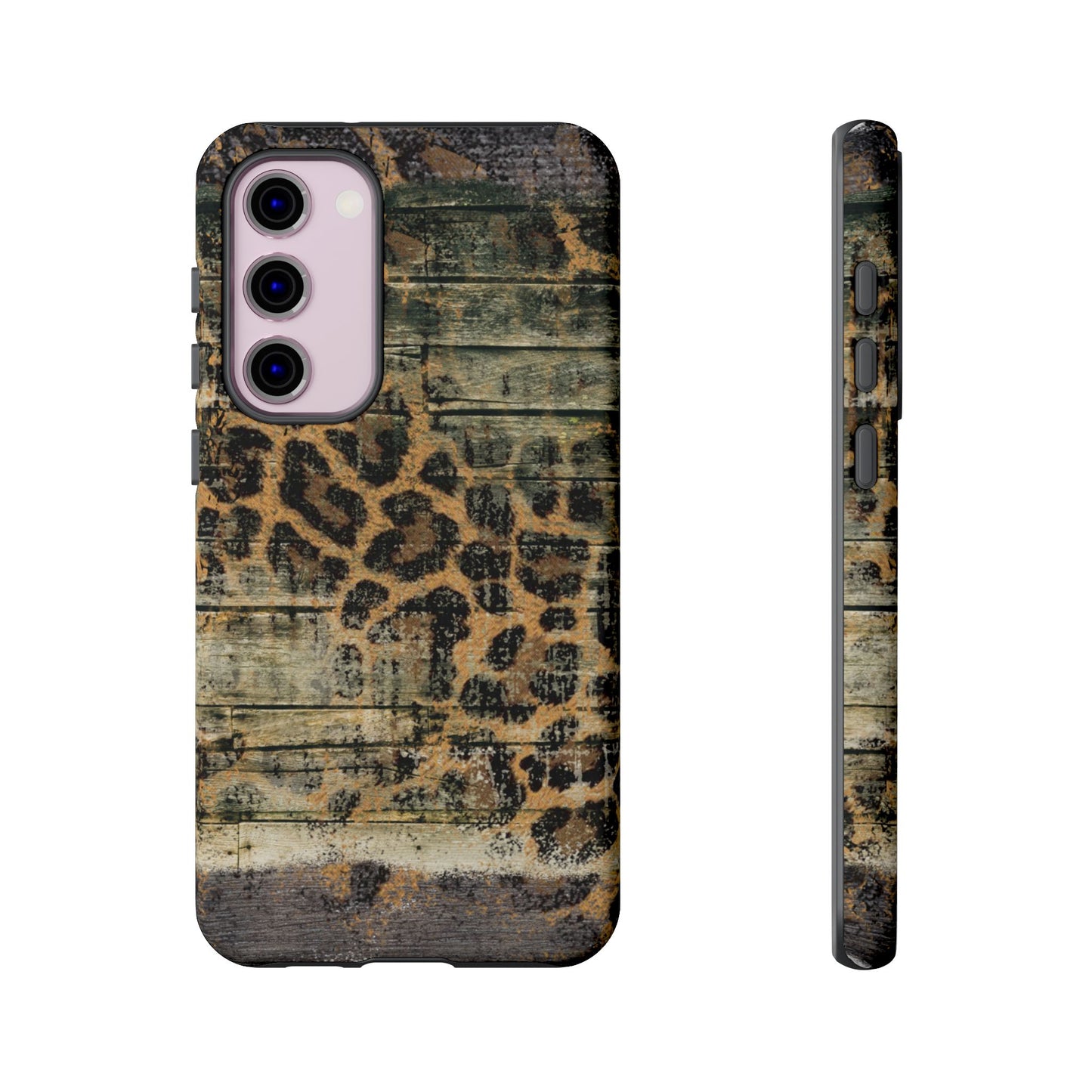 Rustic Wood and Leopard Print Tough Samsung Galaxy Case – Distressed Western Design with Dual-Layer Protection