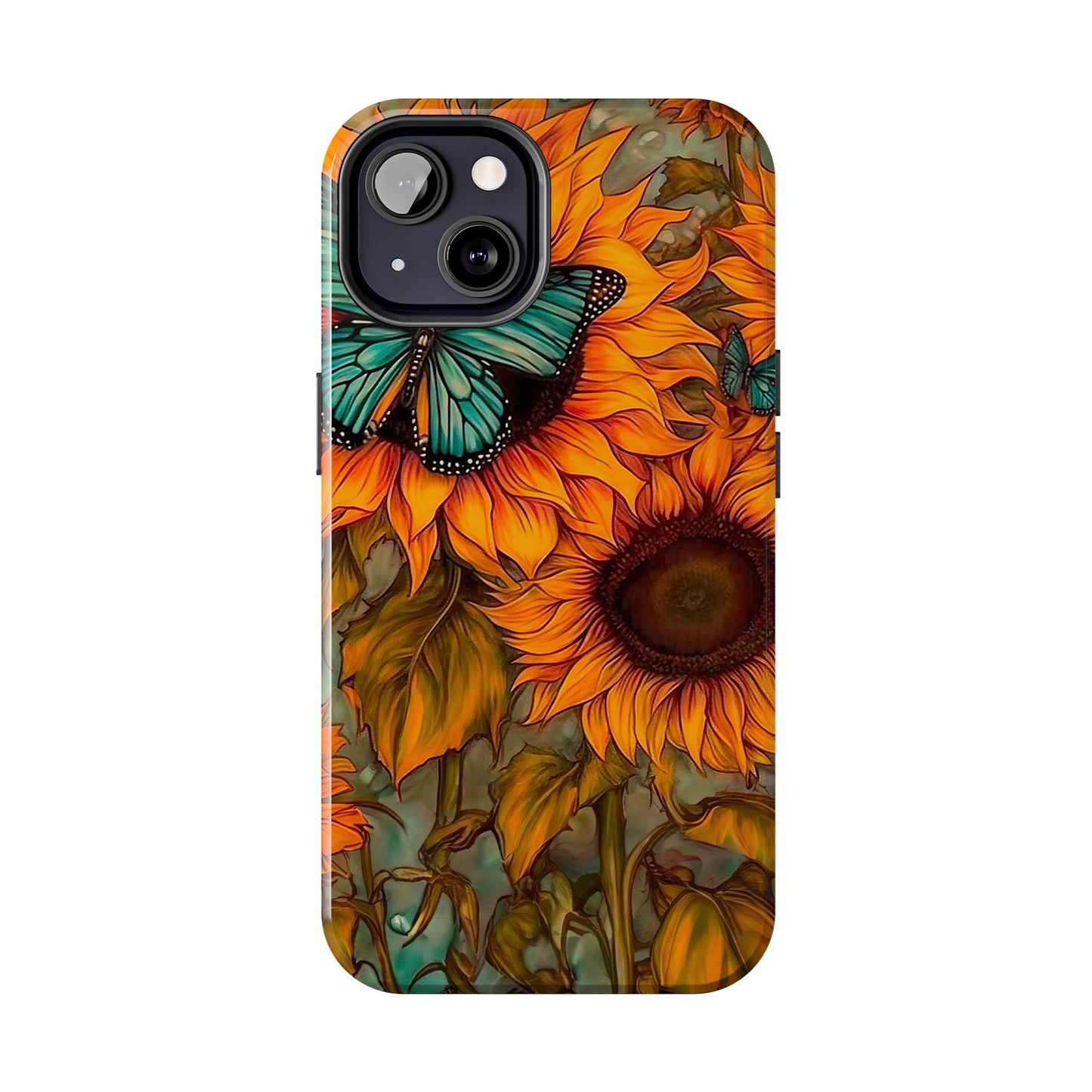 Vintage Blue Butterfly & Sunflower Art – iPhone Case