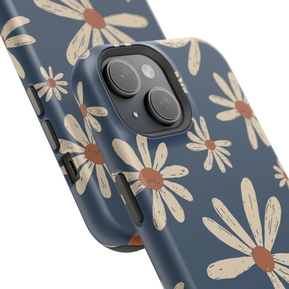 Vintage Daisies MagSafe iPhone Case – Navy Blue Floral Design, Scratch-Resistant with Shock-Absorbing Bumper