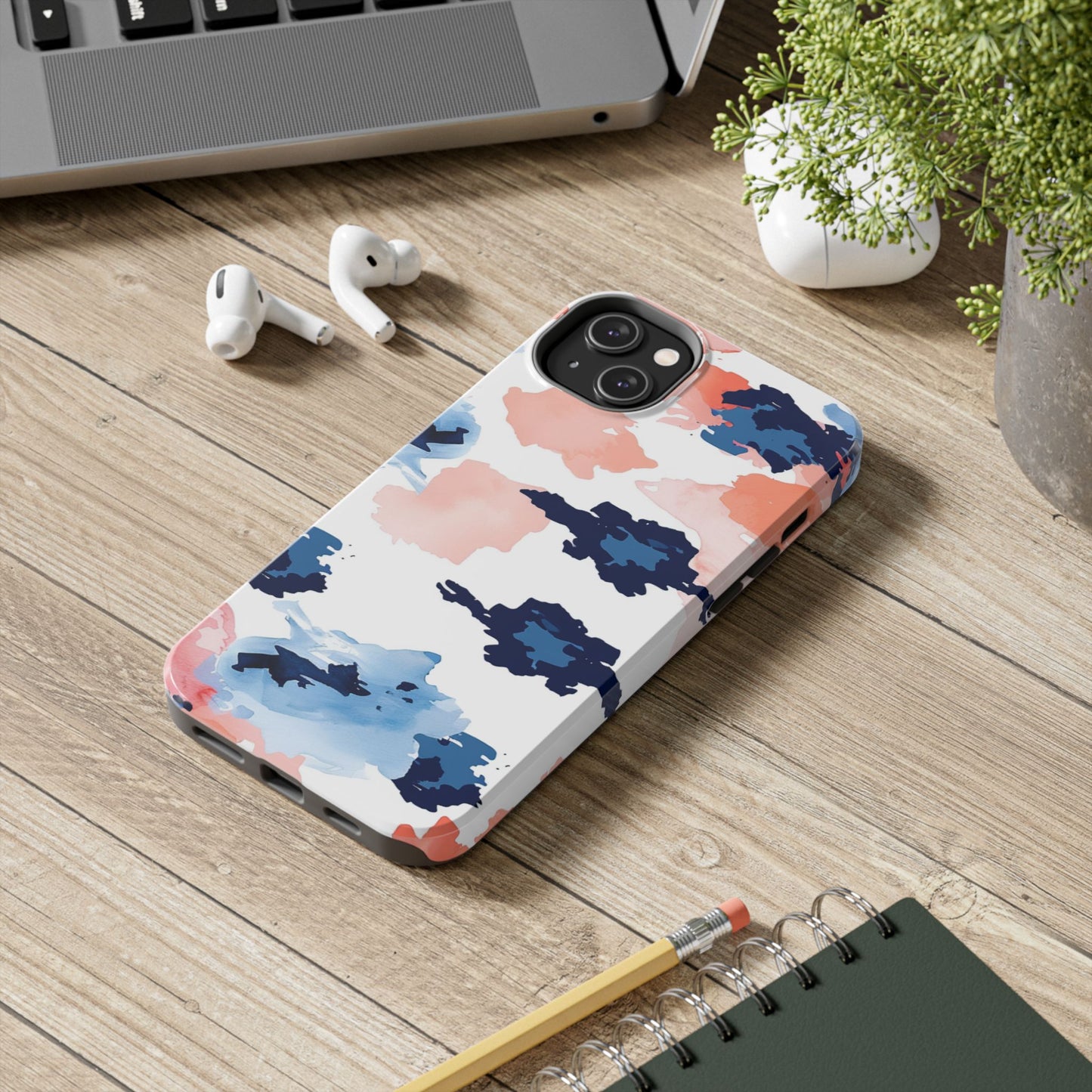 Abstract Coral & Navy Watercolor Design – iPhone Case