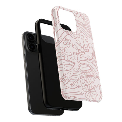 Blush Floral Line Art Tough iPhone Case – Delicate Minimalist Design with Dual-Layer Protection