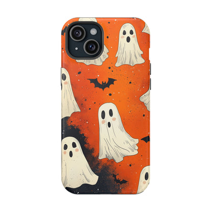 Spooky Ghosts & Bats  MagSafe iPhone Case – Vibrant Orange Halloween Design