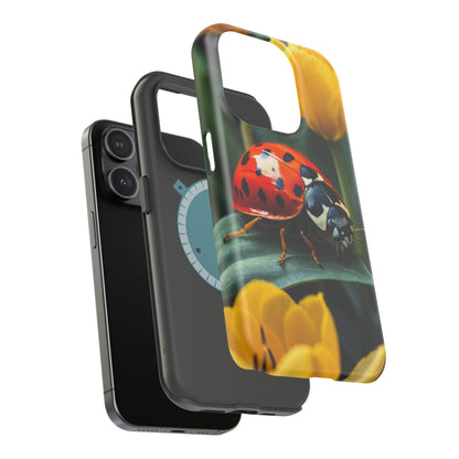 MagSafe iPhone Case: Vibrant Ladybug Amidst a Lush Yellow Flower Garden