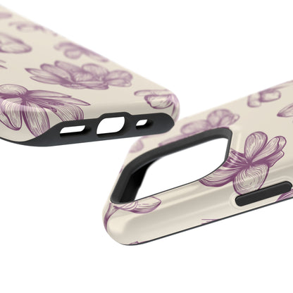 Vintage Botanical Floral Tough MagSafe iPhone Case – Hand-Drawn Purple Flowers, Shockproof Design