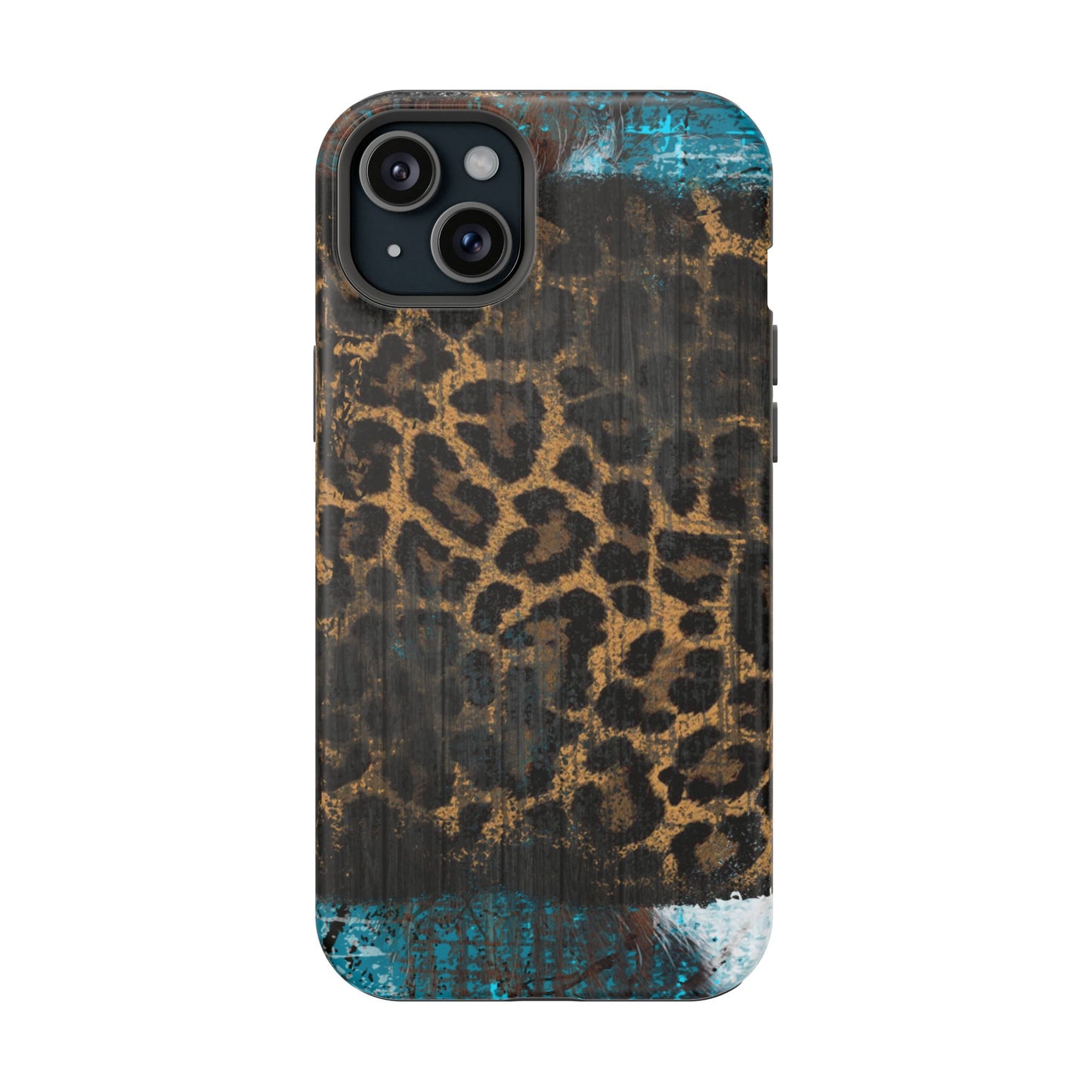 Boho Leopard and Turquoise Tough MagSafe iPhone Case – Rustic Western Design with Dual-Layer Protection