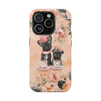 Floral French Bulldogs MagSafe iPhone Case – Elegant Dog Design with Tea Cups & Roses, Shockproof Protection