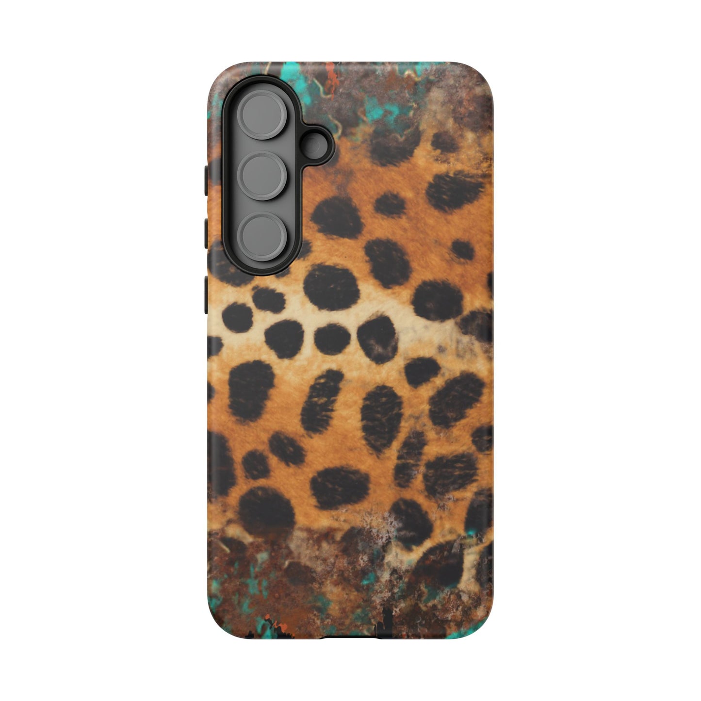 Rustic Leopard Print Tough Samsung Galaxy Case – Distressed Turquoise and Animal Pattern with Dual-Layer Protection