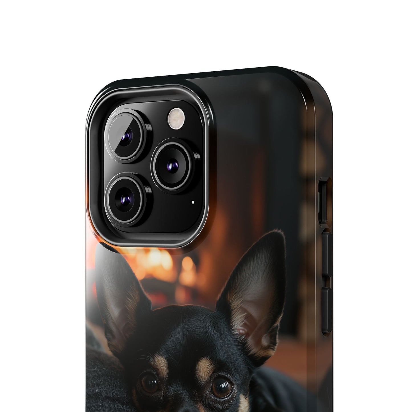 Cozy Chihuahua Fireplace iPhone Case – Warm and Stylish Design