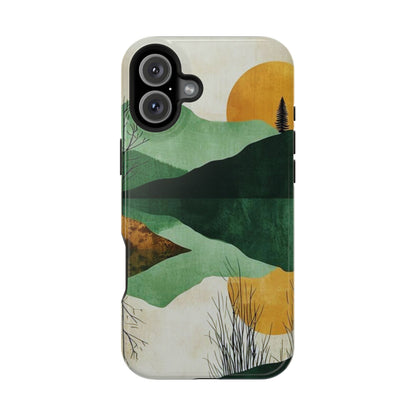 Retro Mountain Sunrise MagSafe iPhone Case – Minimalist Landscape Design, Dual-Layer Protection