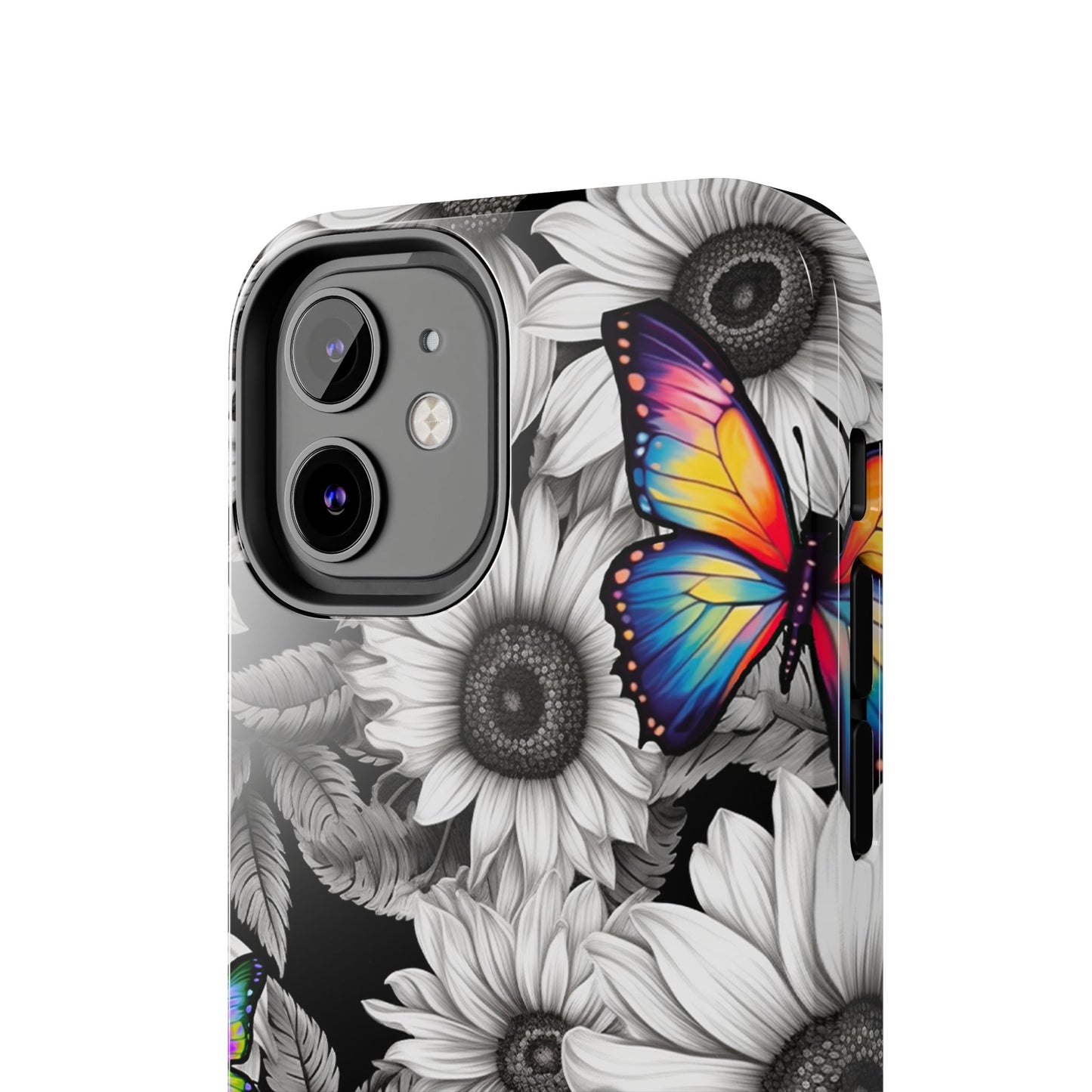 Rainbow Butterflies & Monochrome Sunflowers – iPhone Case