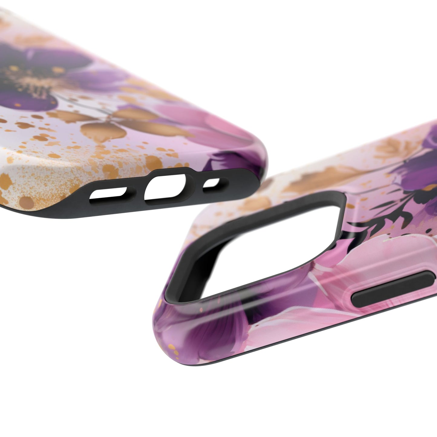 Elegant Purple & Gold Floral MagSafe iPhone Case - Luxe Flower Design