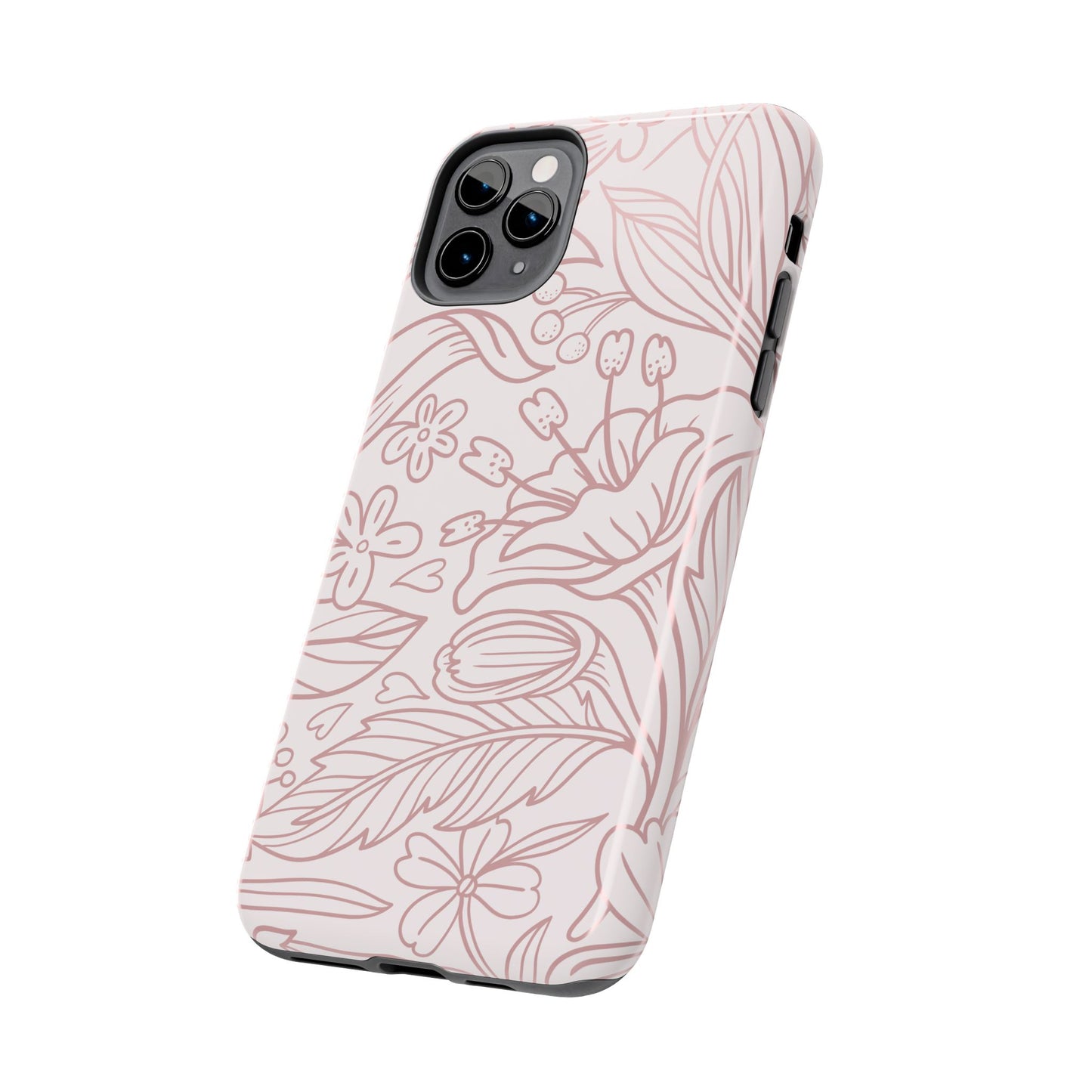 Blush Floral Line Art Tough iPhone Case – Delicate Minimalist Design with Dual-Layer Protection