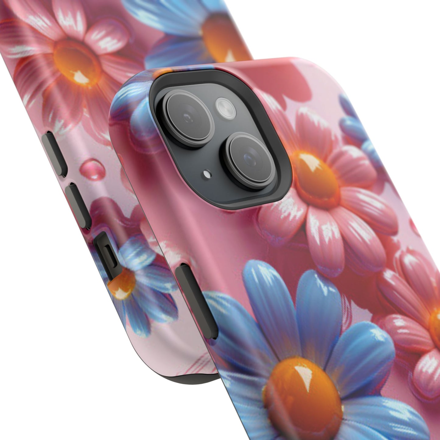 Pastel Daisy 3D MagSafe iPhone Case – Glossy Pink and Blue Floral Design, Full Protection