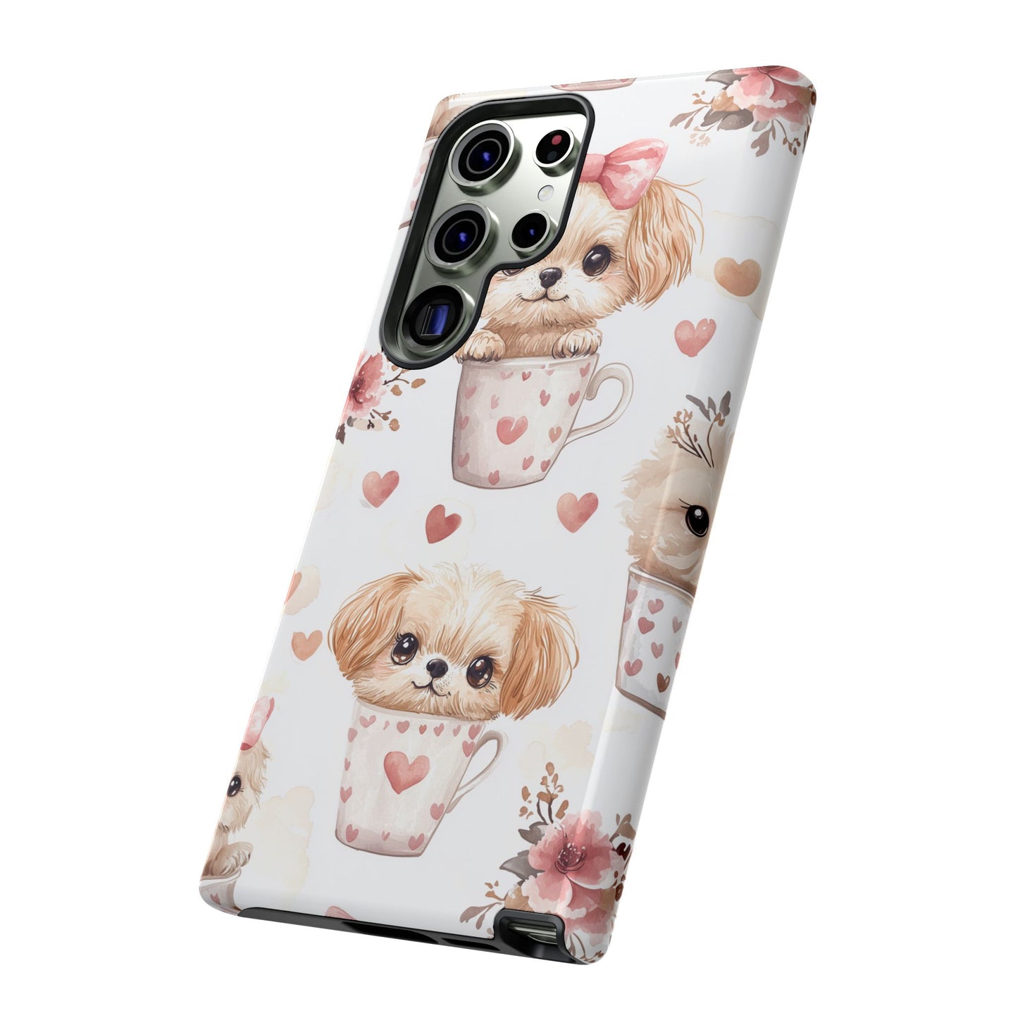 Cute Puppies in Heart Mugs Samsung Galaxy  Case – Adorable Dog & Floral Design, Shockproof & Slim