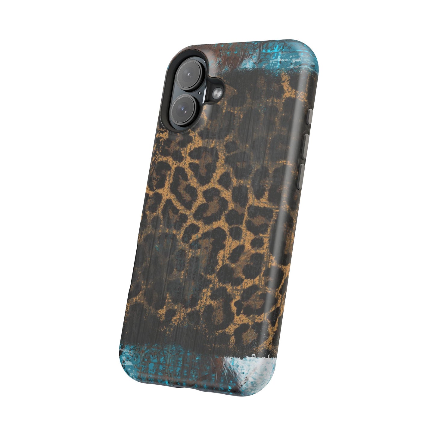 Boho Leopard and Turquoise Tough MagSafe iPhone Case – Rustic Western Design with Dual-Layer Protection