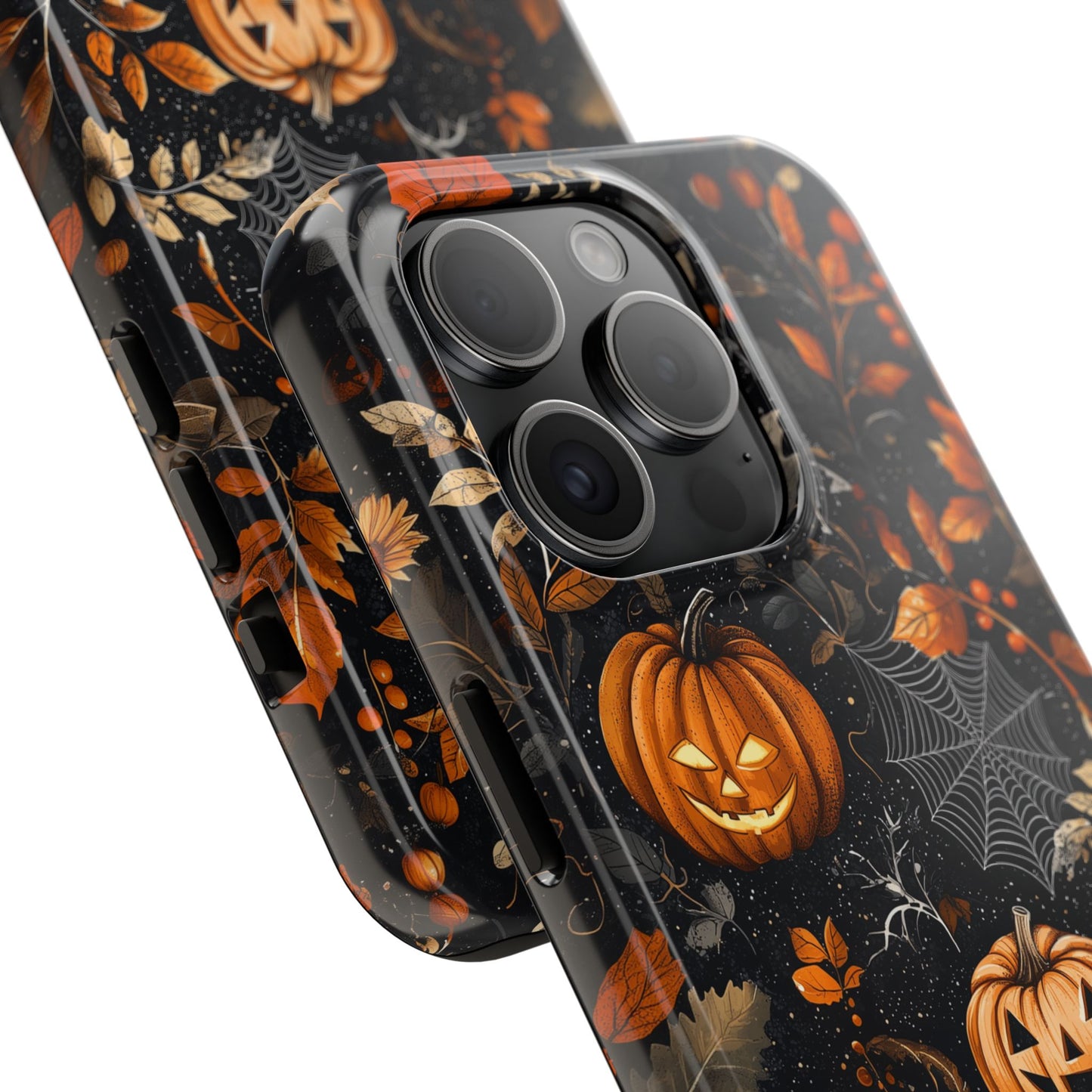 Elegant Halloween iPhone Case – Pumpkin Jack-o'-Lanterns, Cobwebs & Autumn Foliage Design