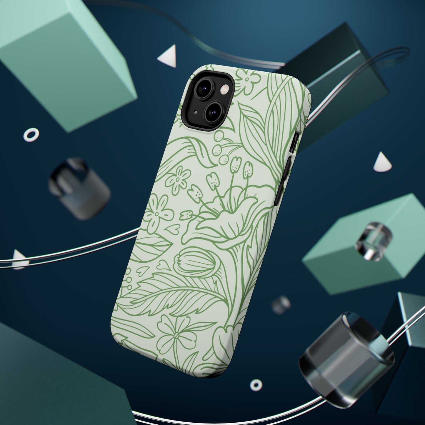 Sage Green Floral Line Art Tough MagSafe iPhone Case – Minimalist Botanical Design with Dual-Layer Protection