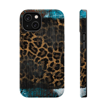 Boho Leopard and Turquoise Tough MagSafe iPhone Case – Rustic Western Design with Dual-Layer Protection