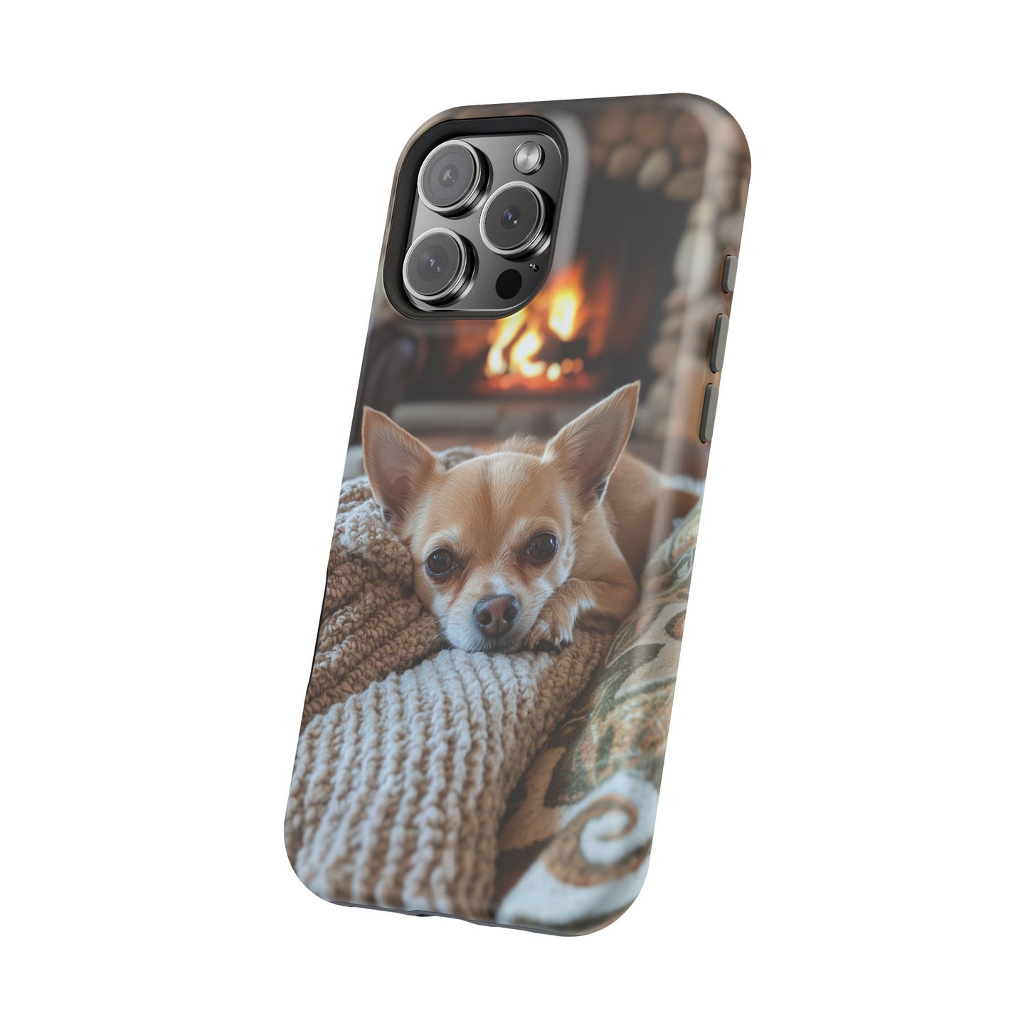 Relaxing Chihuahua by Fireplace MagSafe iPhone Case – Functional and Cozy Design