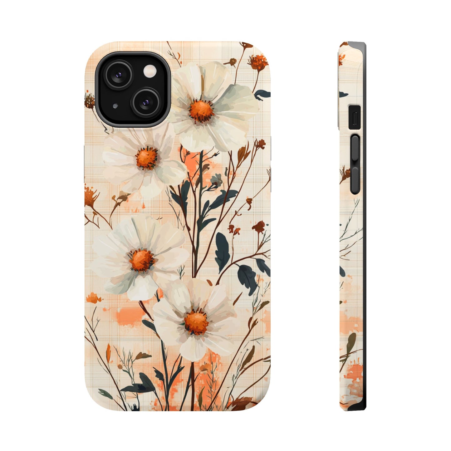 Pastel Orange Floral MagSafe iPhone Case - Elegant Plaid Protective Cover