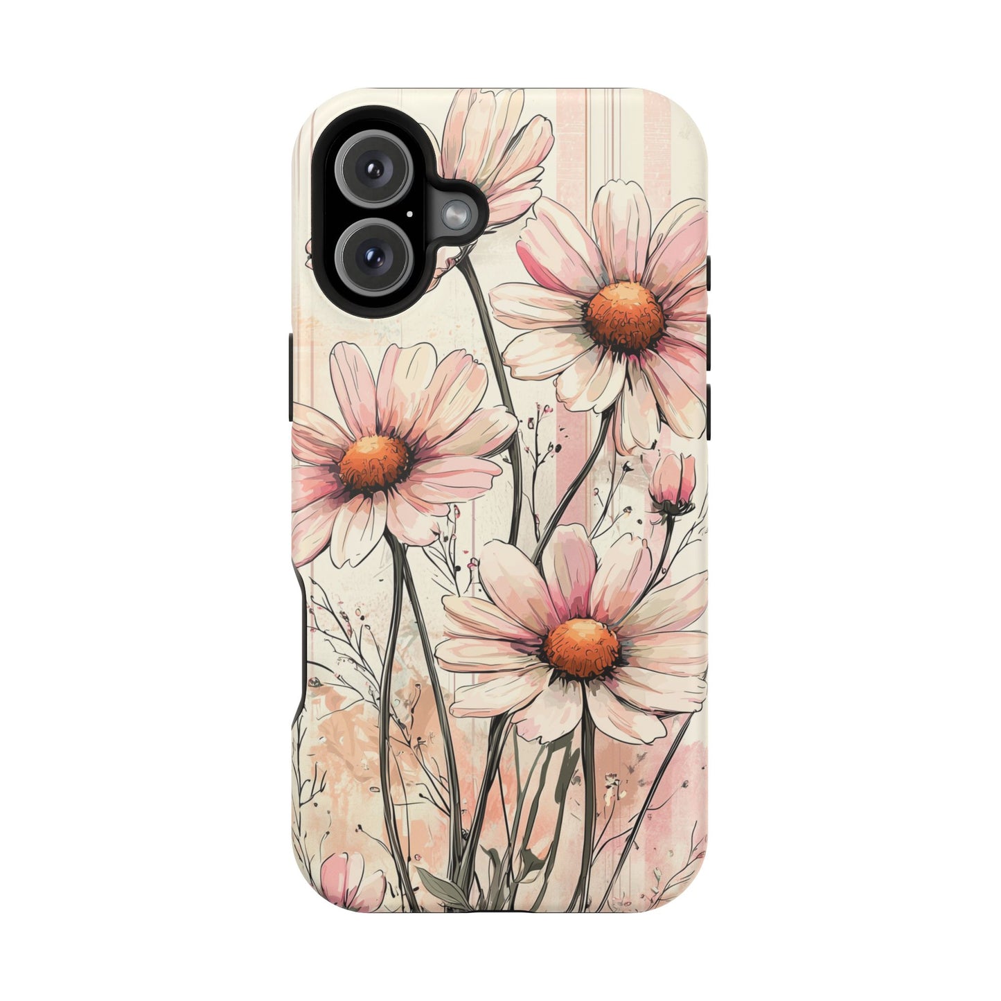 Pastel Pink Daisy MagSafe iPhone Case - Elegant Floral Plaid Protective Cover