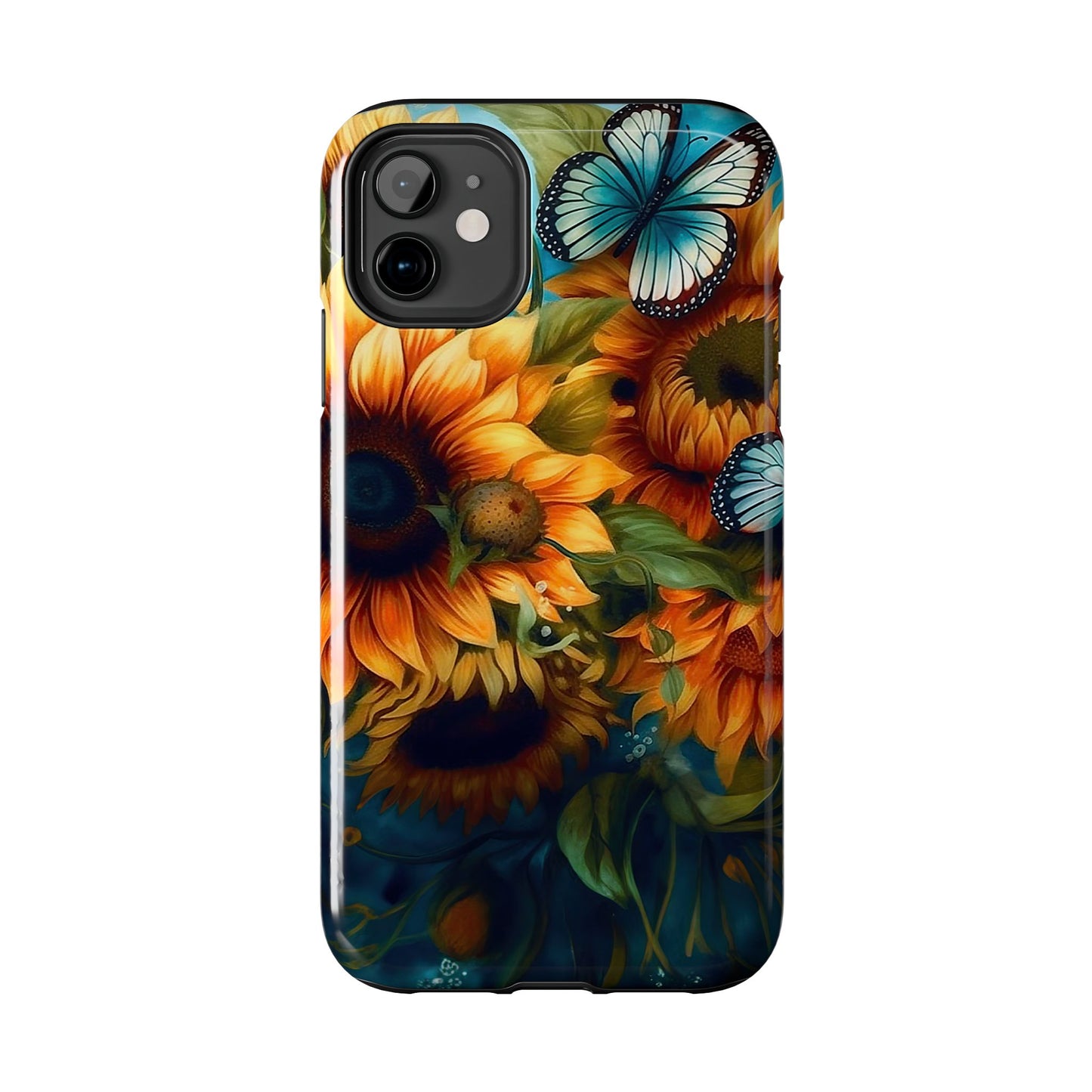 Aqua Blue Butterfly & Sunflower Art – iPhone Case