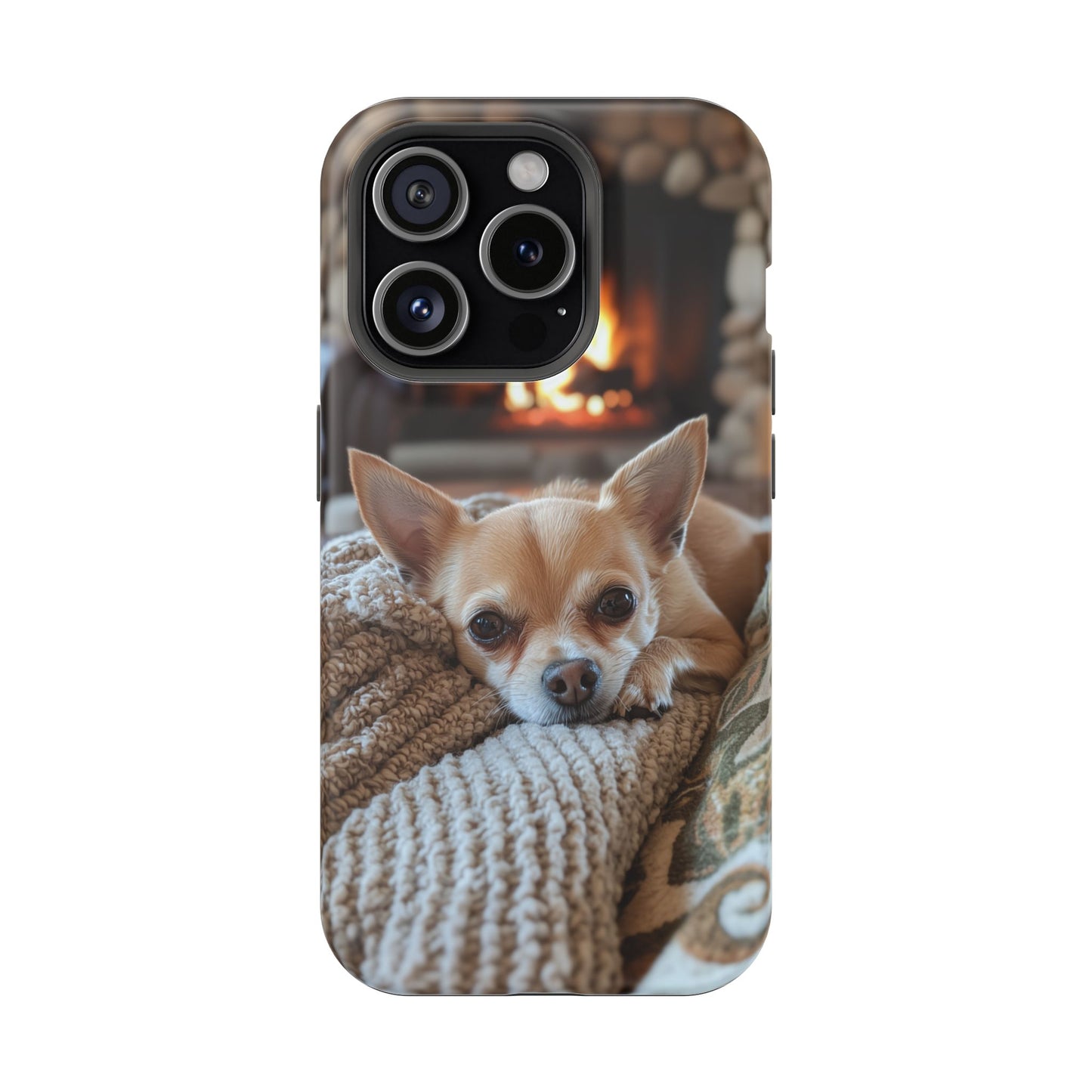 Relaxing Chihuahua by Fireplace MagSafe iPhone Case – Functional and Cozy Design