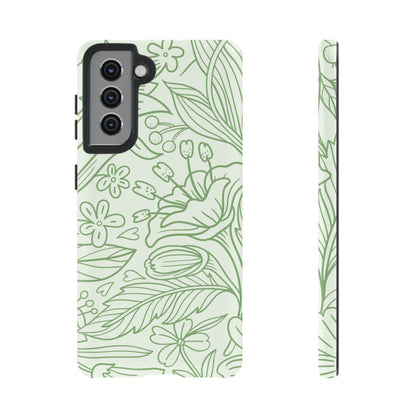 Sage Green Floral Line Art Tough Samsung Galaxy Case – Minimalist Botanical Design with Dual-Layer Protection