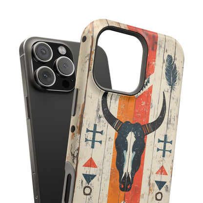 Rustic Western Bull Skull Tough MagSafe iPhone Case – Distressed Wood Design, Dual-Layer Protection