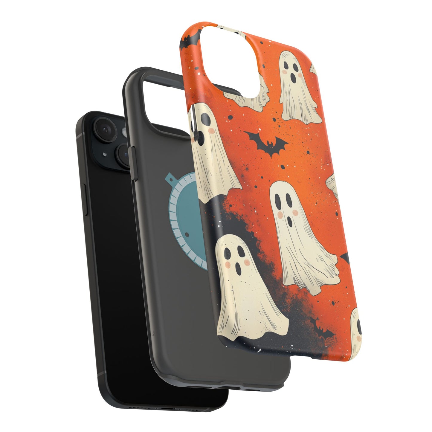 Spooky Ghosts & Bats  MagSafe iPhone Case – Vibrant Orange Halloween Design