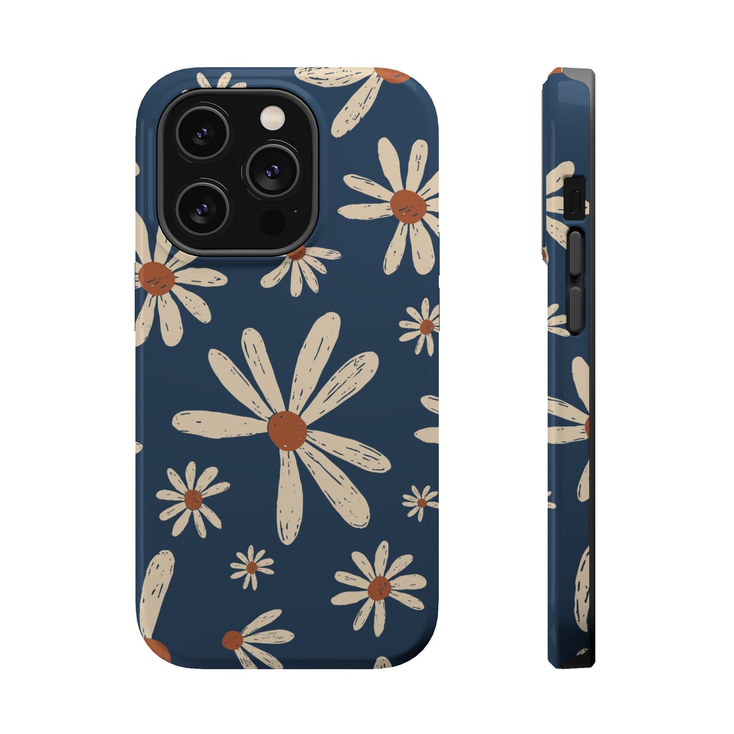 Vintage Daisies MagSafe iPhone Case – Navy Blue Floral Design, Scratch-Resistant with Shock-Absorbing Bumper