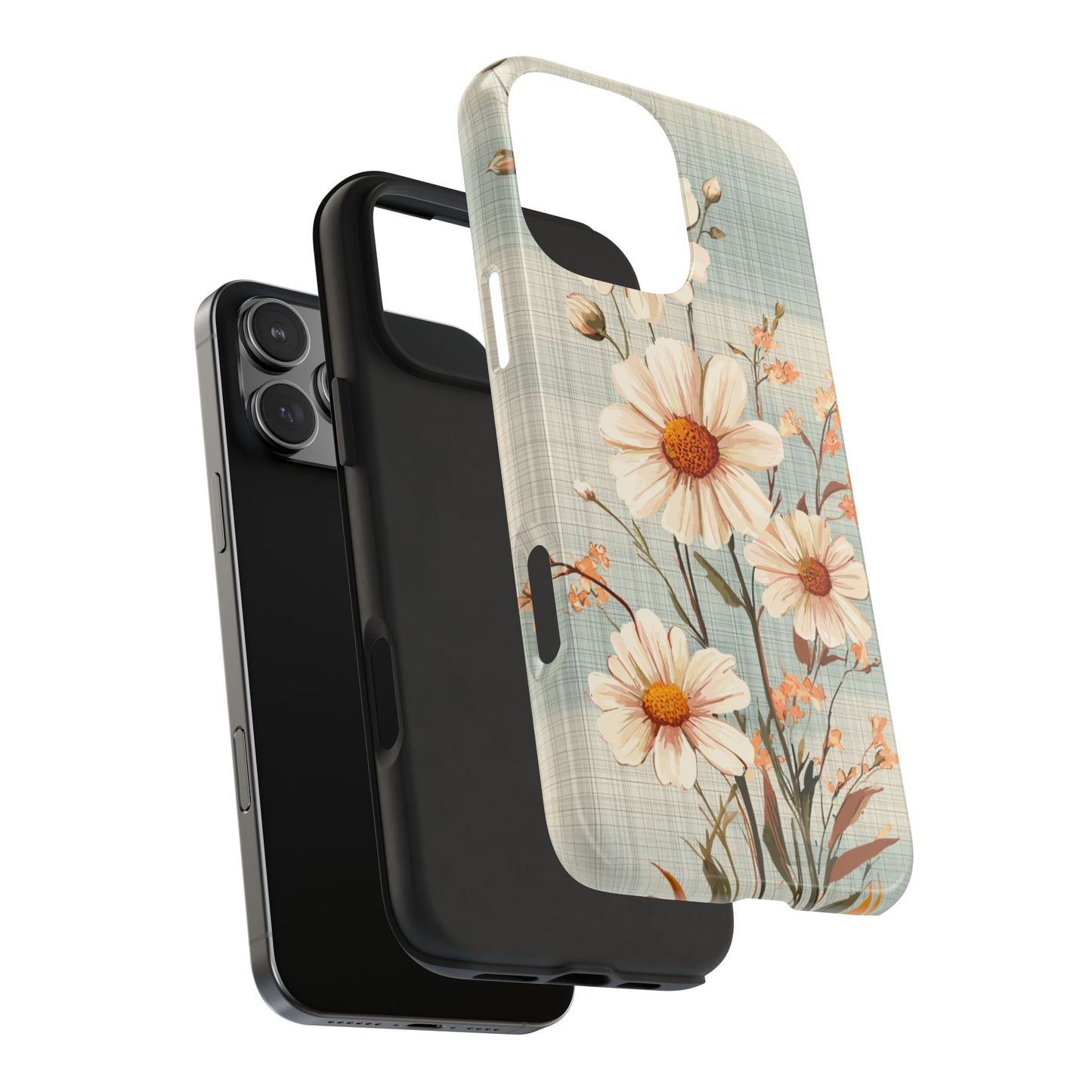 Vintage Plaid & Daisy Floral Tough iPhone Case – Dual-Layer Protection with Retro Flower Design