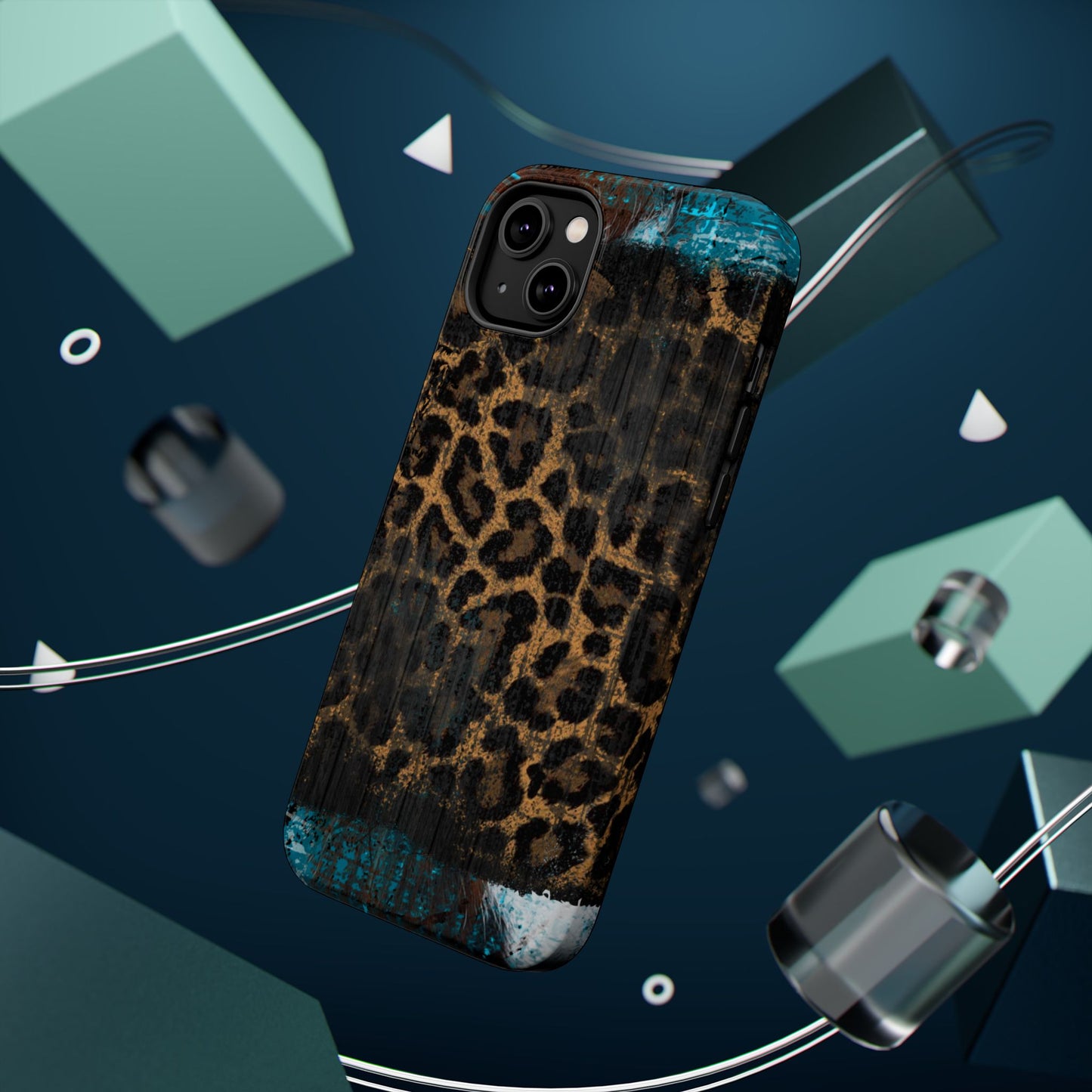 Boho Leopard and Turquoise Tough MagSafe iPhone Case – Rustic Western Design with Dual-Layer Protection