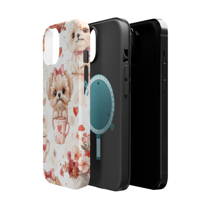 Puppies & Heart Mugs MagSafe iPhone Case – Sweet Dog & Floral Design, Shockproof & Slim