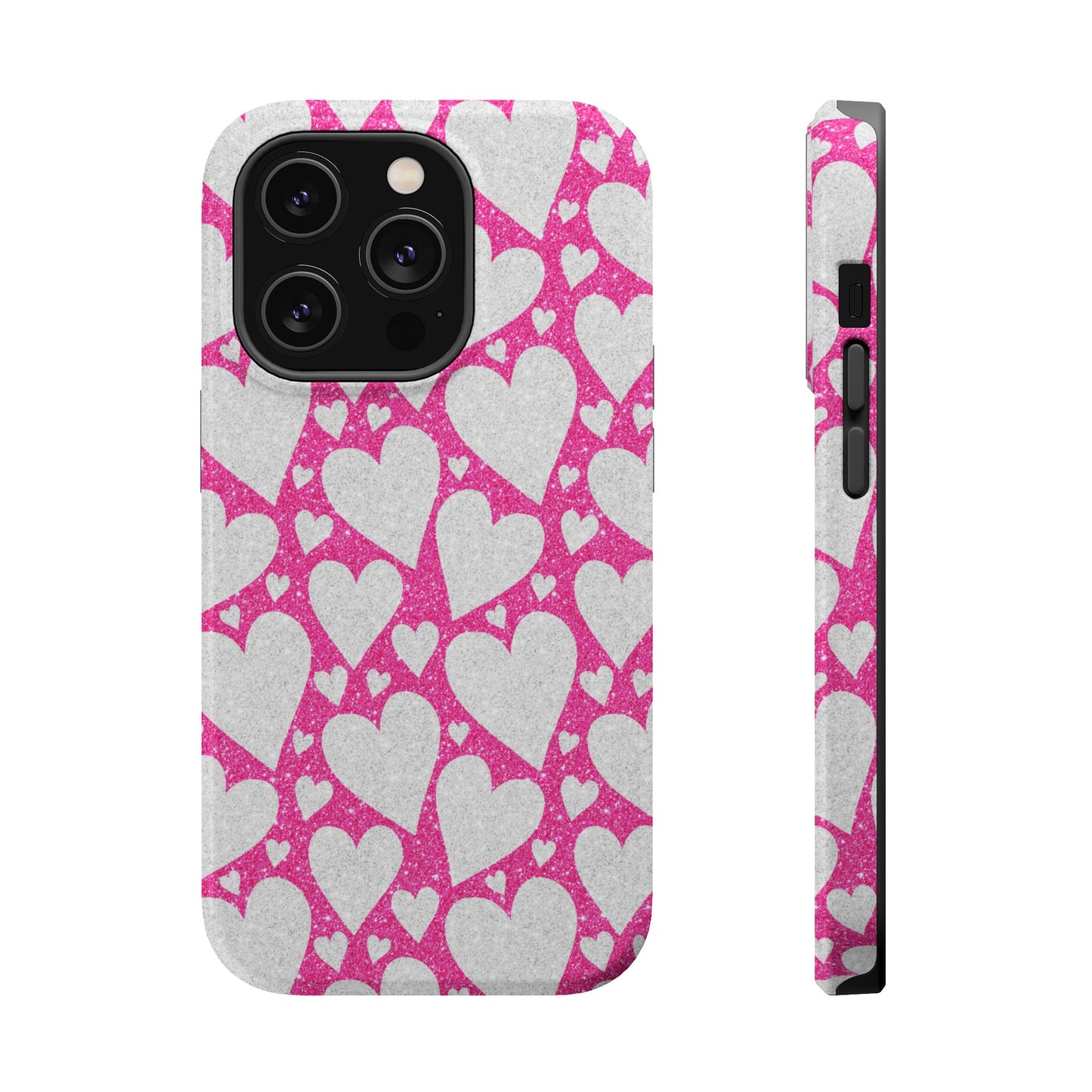 Pink and Silver Glitter Heart Pattern MagSafe Case